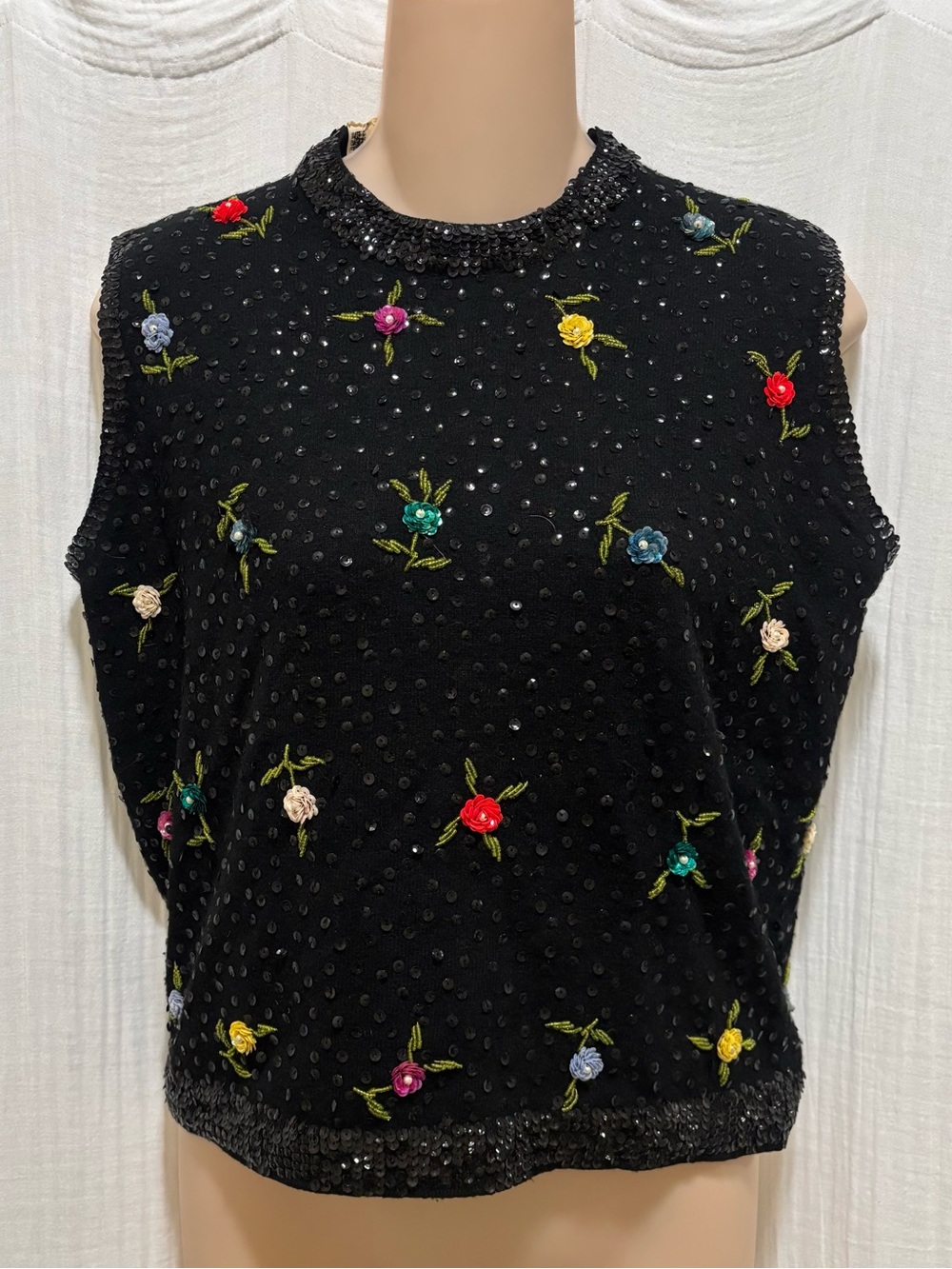 Vintage 50s 60s Cyn Les Hand Beaded Wool Angora Shell Top Knit Blouse Black Sz38